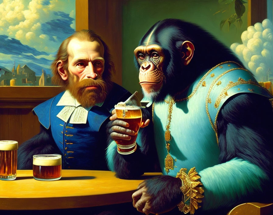 Surreal painting of man with long beard and monkey in regal attire drinking beer