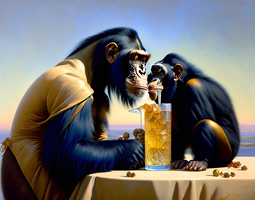 Chimps in human clothing at a bar with sunset backdrop