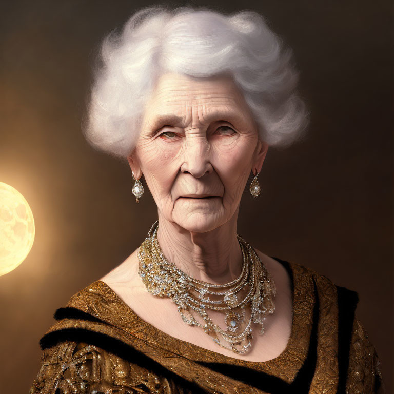 Elderly woman with white hair in elegant jewelry on warm moonlit backdrop