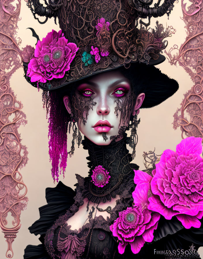 Elaborate gothic attire with decorative hat and pink flowers