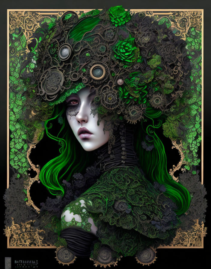 Pale female figure in gothic fantasy setting with green eyes and hair, adorned with dark lace and floral