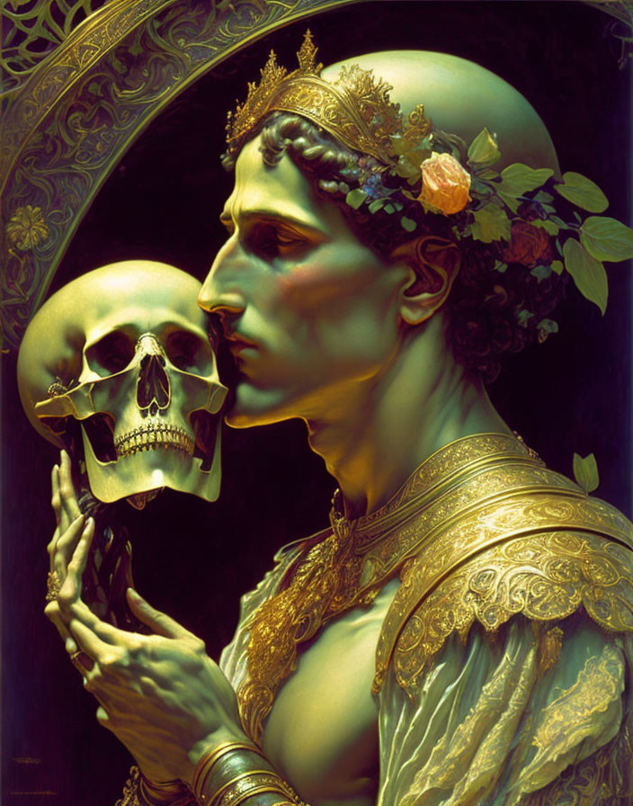 Regal figure with golden crown holding skull in stylized painting