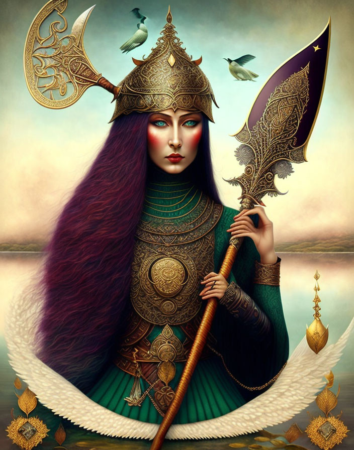 Female figure in ornate armor with halberd, surrounded by birds in mystical setting