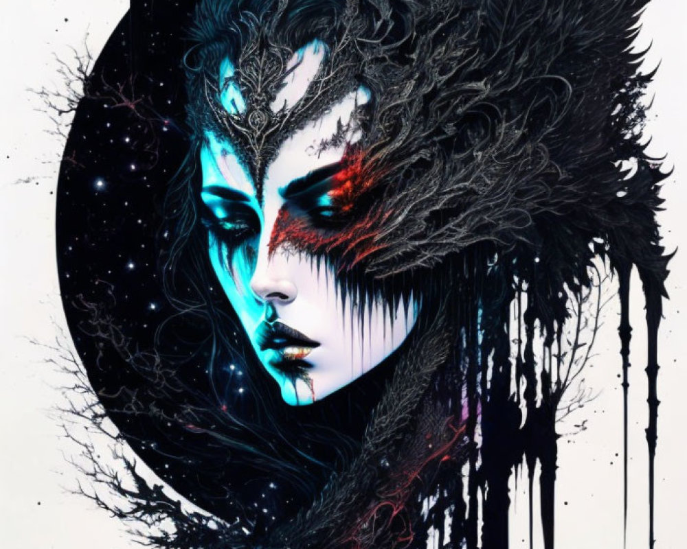 Monochrome and Red Surreal Woman's Face Art with Cosmic and Paint Elements