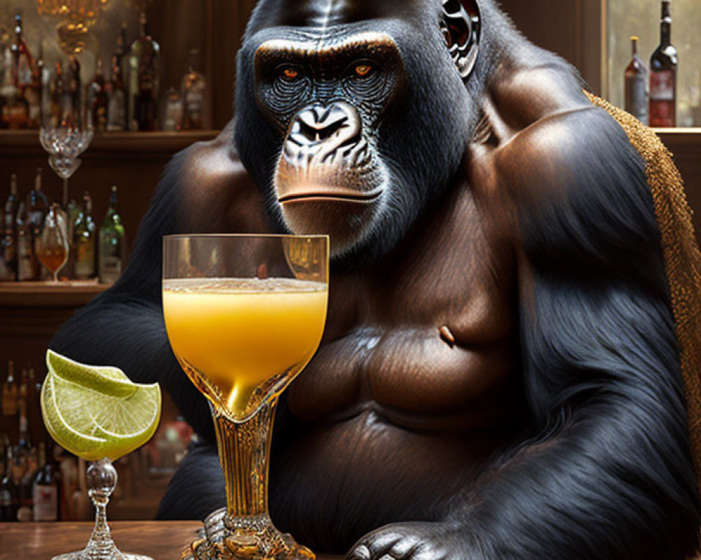 Realistic gorilla illustration at bar with orange juice and lime, surrounded by bottles.