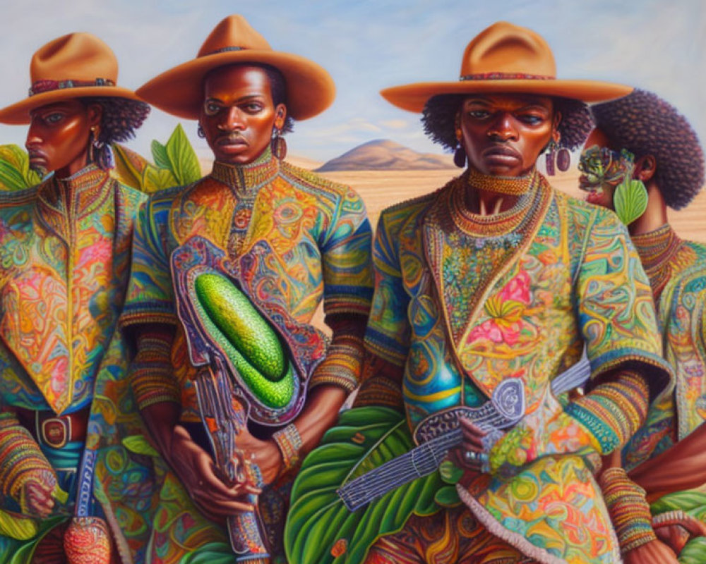 Colorful artwork of four people in patterned attire and cowboy hats with weapons in a desert.