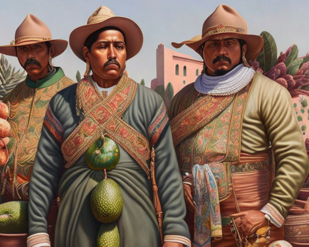 Three Men in Traditional Mexican Attire at Fruit Stand with Avocados