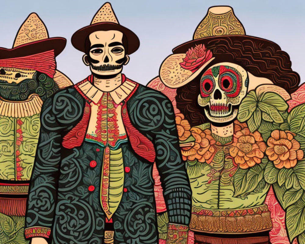 Stylized skull-faced figures in Mexican attire with sombreros & floral designs