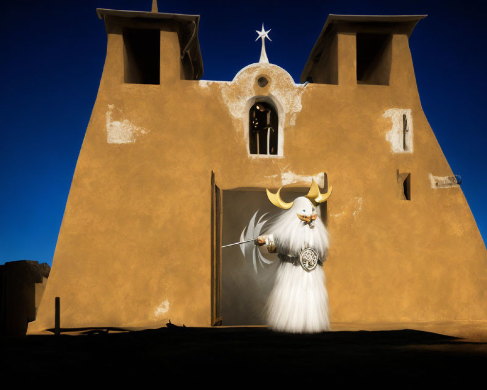 Person in white costume with horned mask holding sword by adobe building