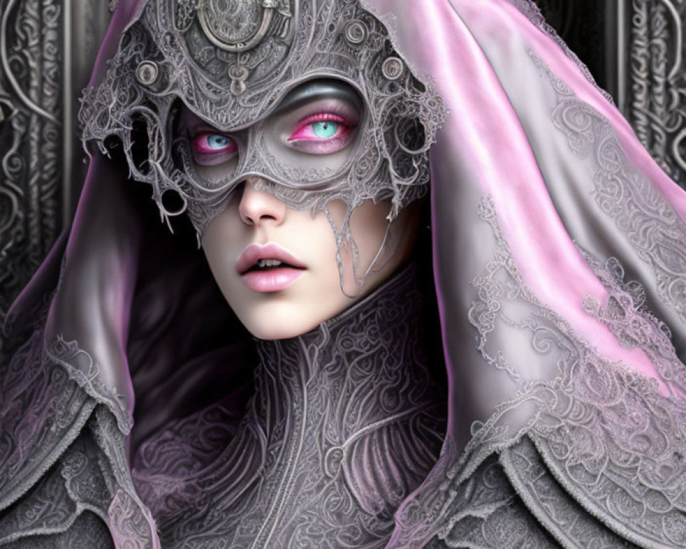 Detailed digital artwork: Woman with pink eyes in ornate lace-trimmed hood