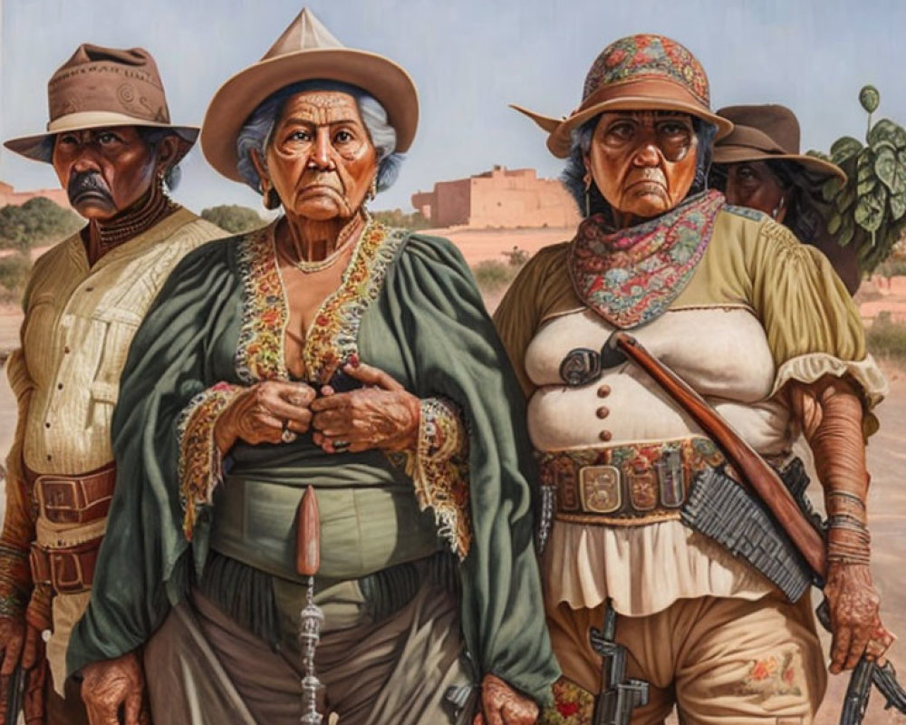Historical oil painting of stern revolutionaries with rifles and desert fort