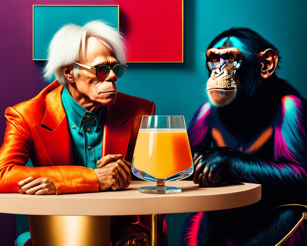 Elderly Person with White Hair and Chimpanzee Seated at Table with Orange Drink