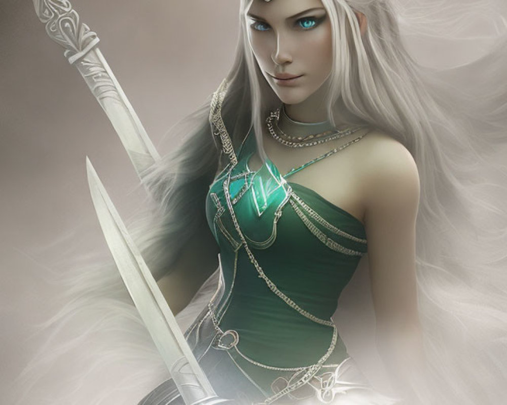 Fantasy digital artwork of a warrior woman in green dress and silver armor
