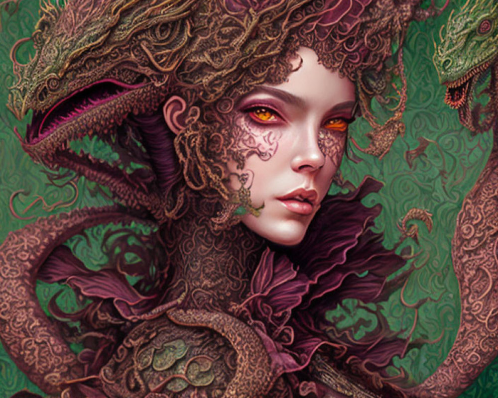 Fantasy art of woman with dragon features in lush green setting