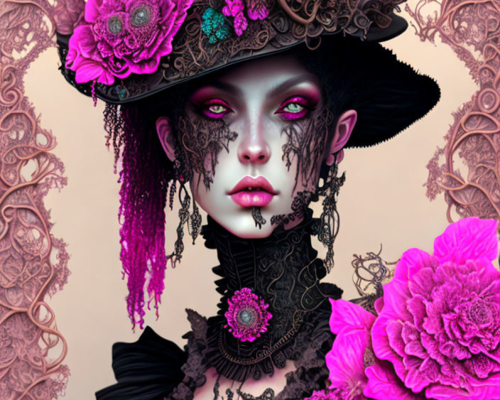 Elaborate gothic attire with decorative hat and pink flowers