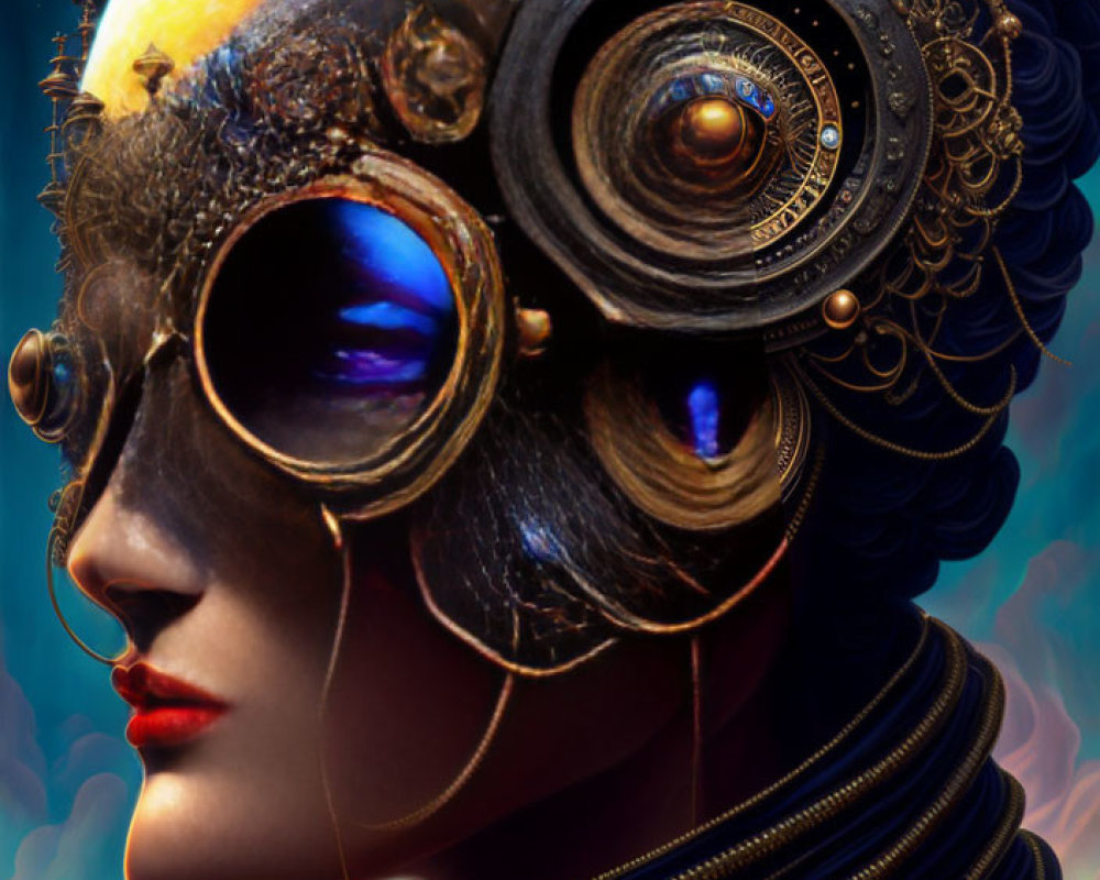 Steampunk-inspired person with headgear and goggles against planet backdrop