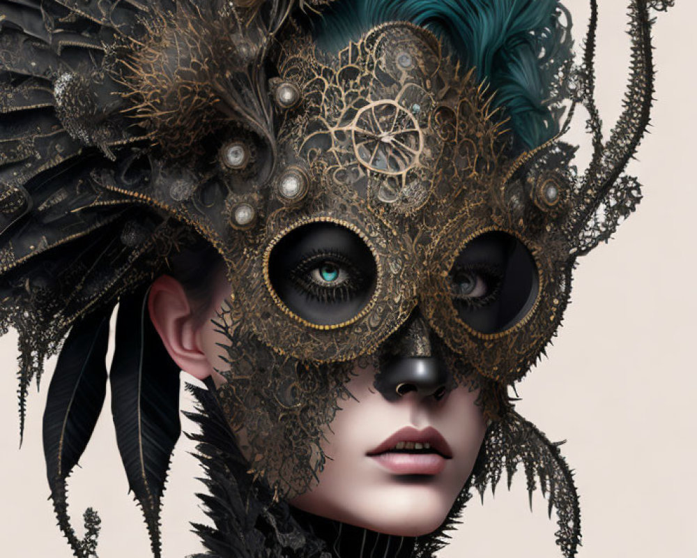 Portrait of a person with ornate clock gear mask and feathers.