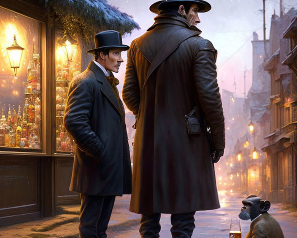 Victorian gentlemen in top hats observing city street at dusk with capuchin monkey.