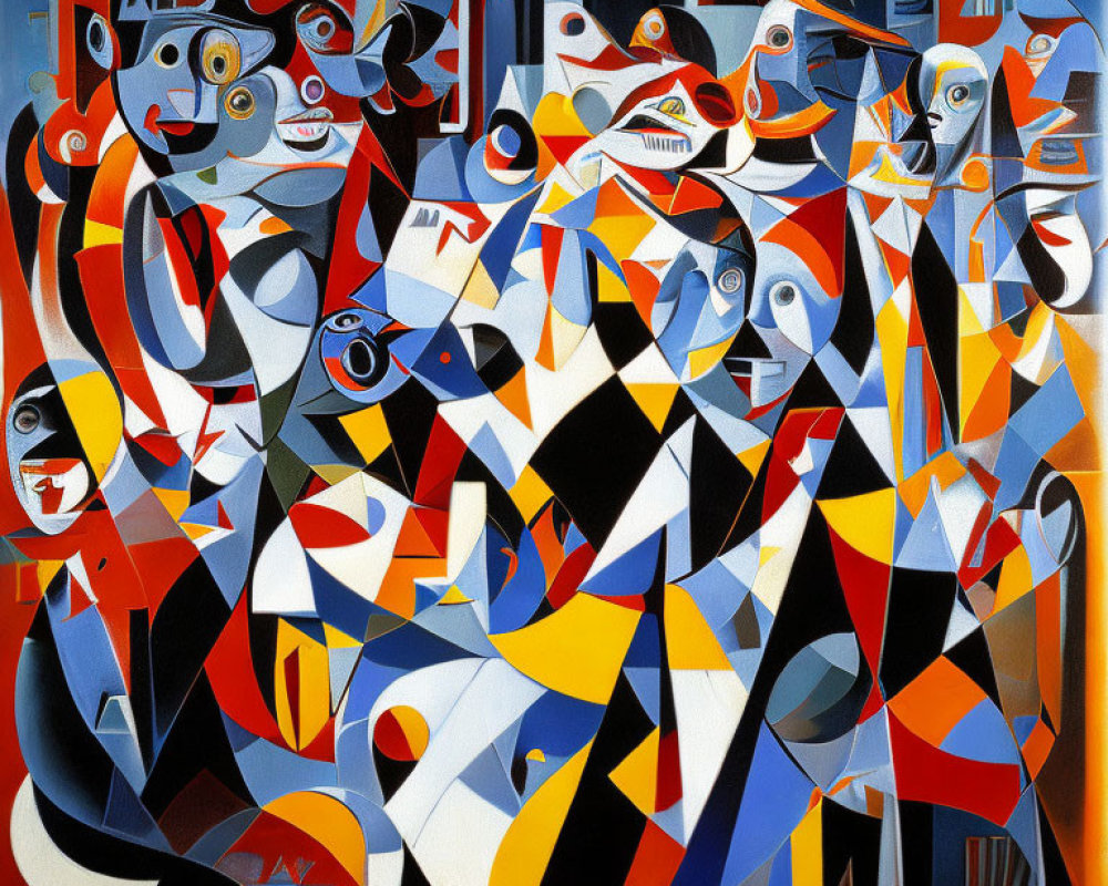 Vibrant Abstract Painting with Geometric Shapes and Distorted Figures
