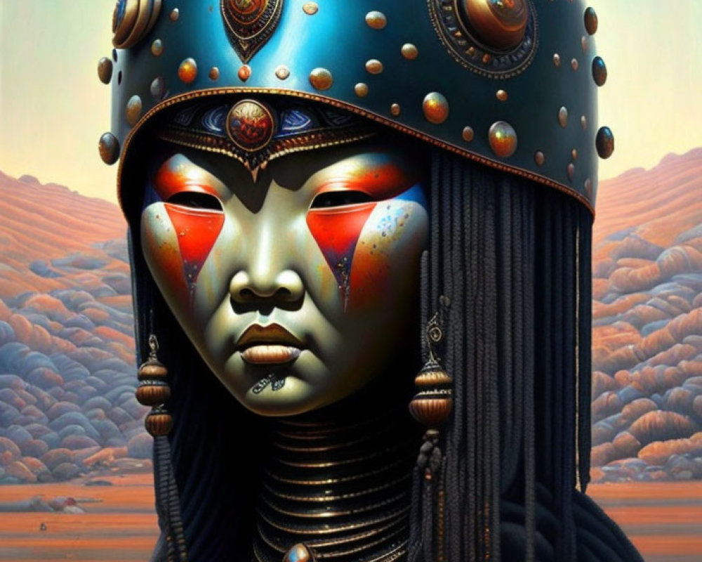 Illustration of person in decorative helmet with beaded hair and red face paint against hilly backdrop