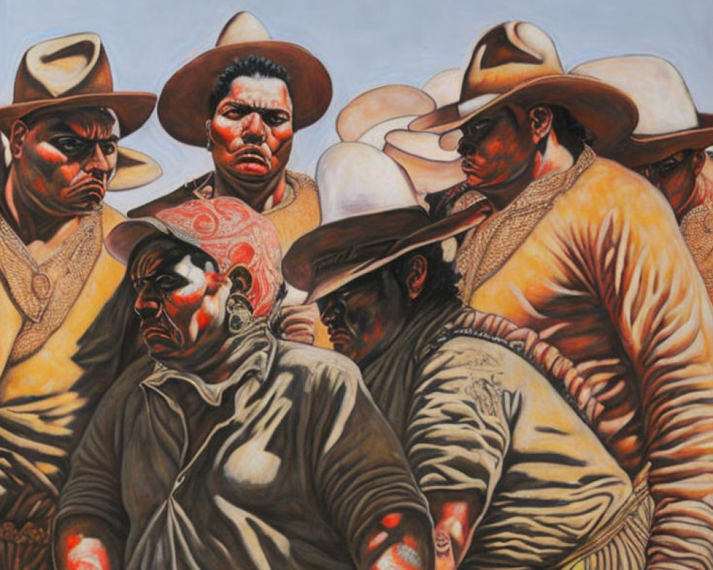 Six stern-faced men in cowboy hats and rugged attire with a tense ambiance