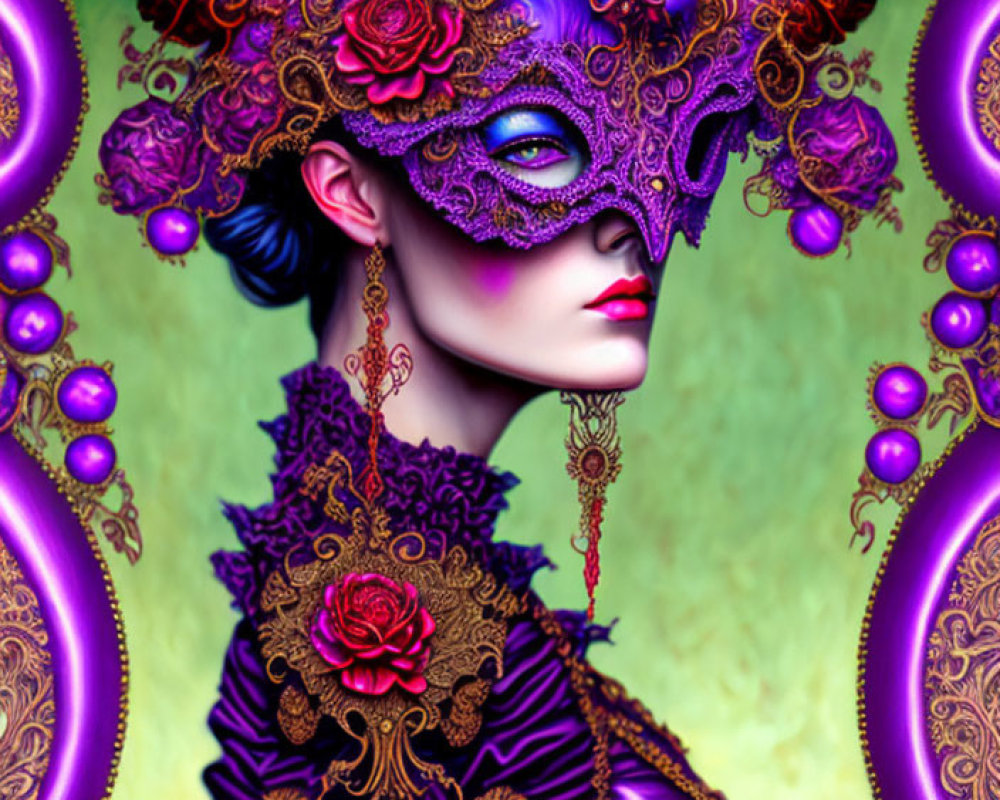 Surreal portrait of person in purple and gold masquerade mask