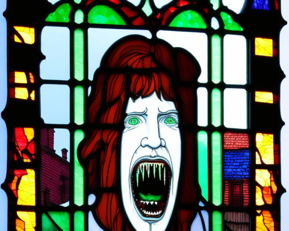 Colorful stained glass window with red-haired figure and open mouth.