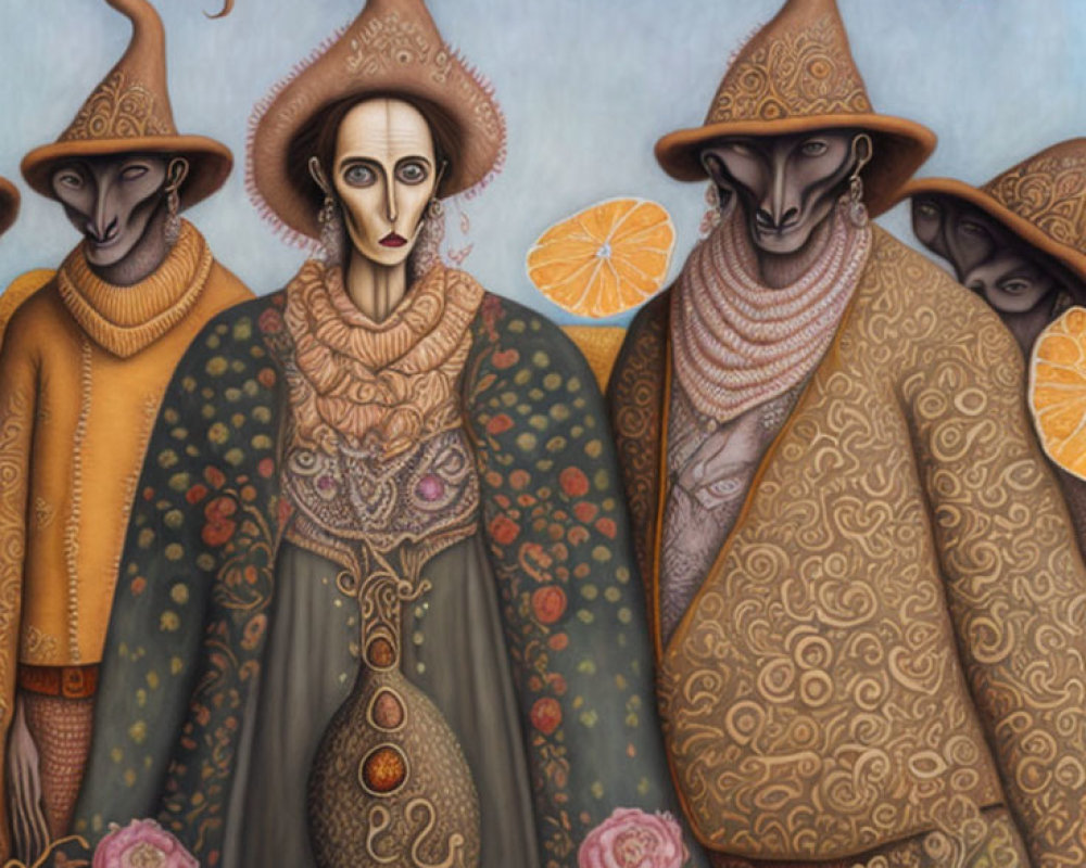 Stylized figures with elongated faces and pointed hats in surreal portrait