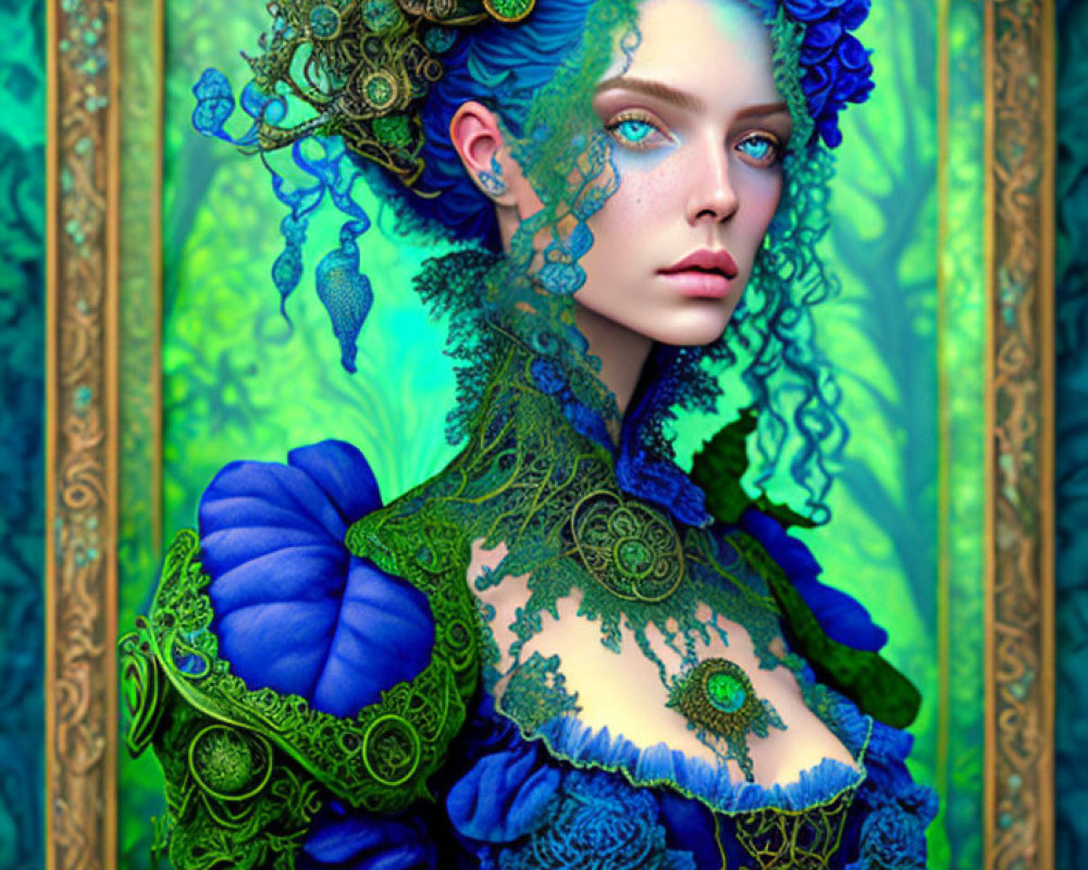 Stylized portrait of a woman with blue flowers and clock elements on teal backdrop