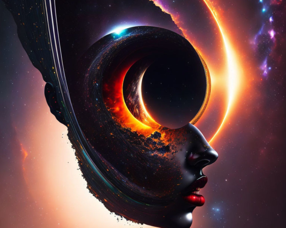 Digital artwork: Woman's face merges into cosmic scene