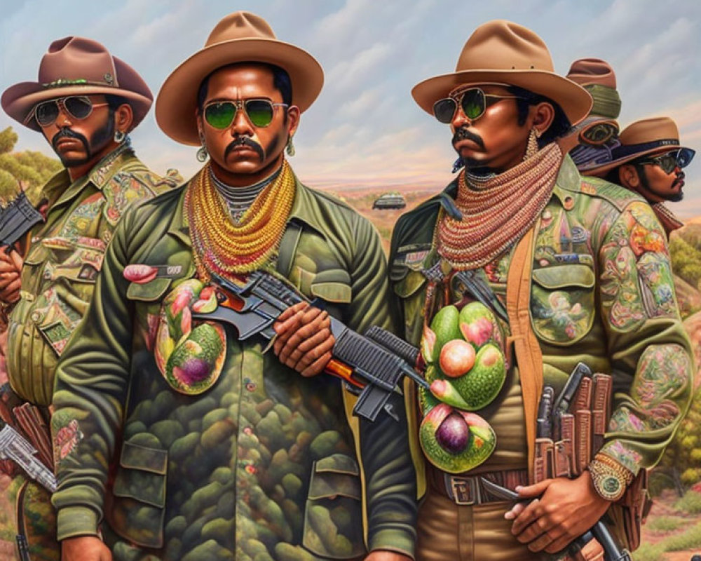 Three men in fruit-themed camouflage outfits and cowboy hats with rifles in a pastoral setting.