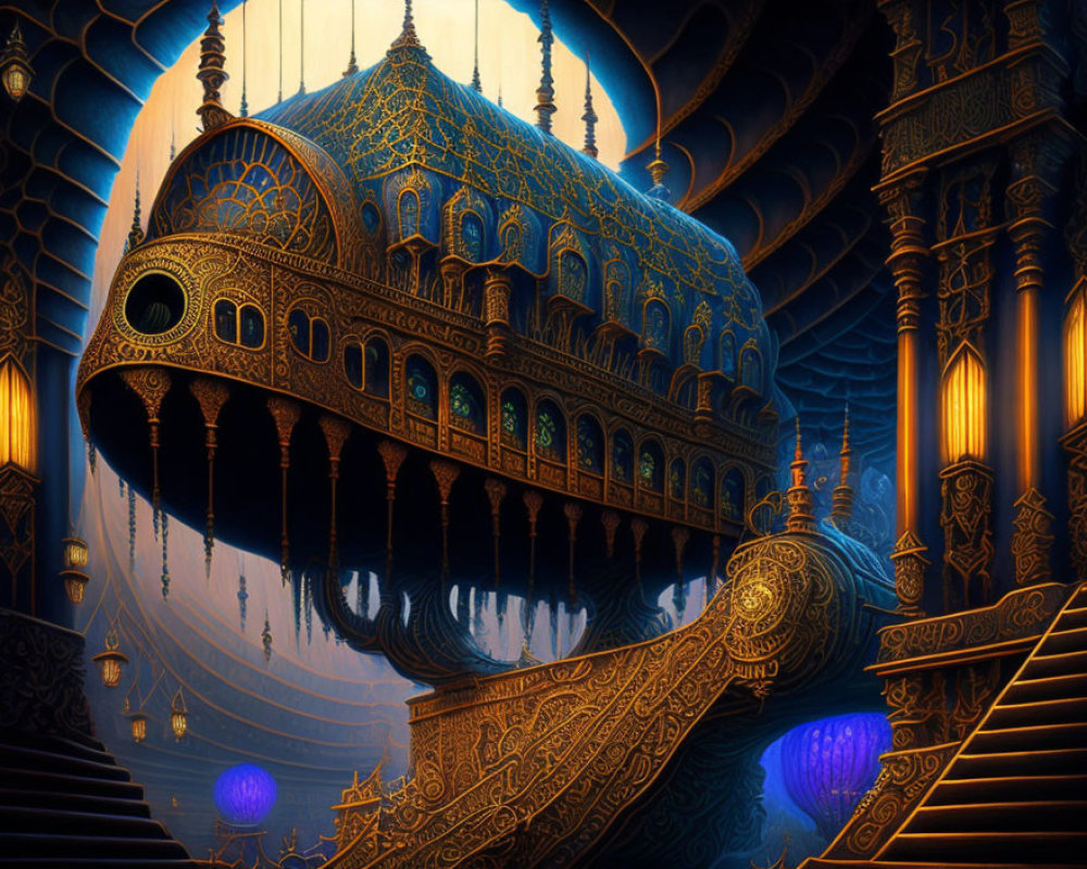 Luxurious Fantasy Palace Interior with Golden Arabesque Designs