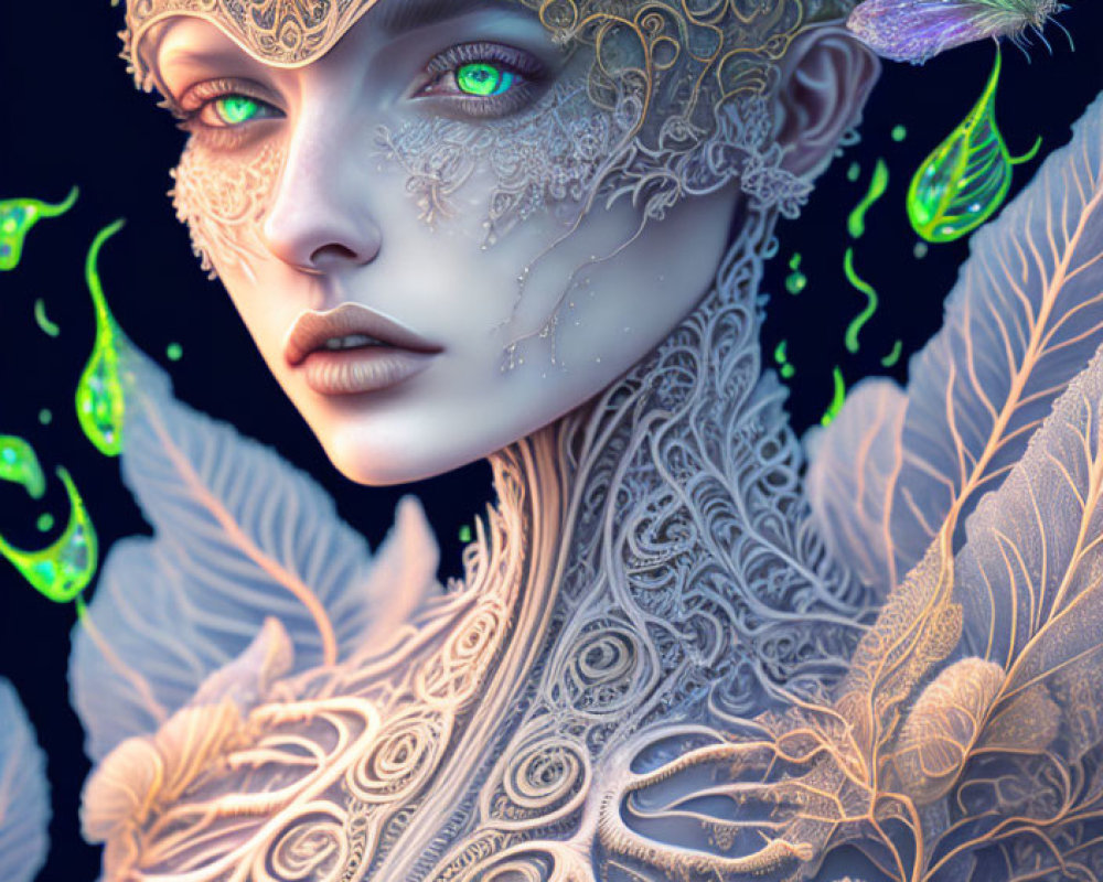 Fantasy portrait of female figure with golden headgear and glowing green eyes