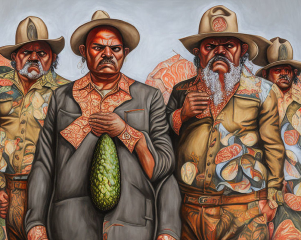 Four stern men in cowboy hats and ornate suits holding a large avocado