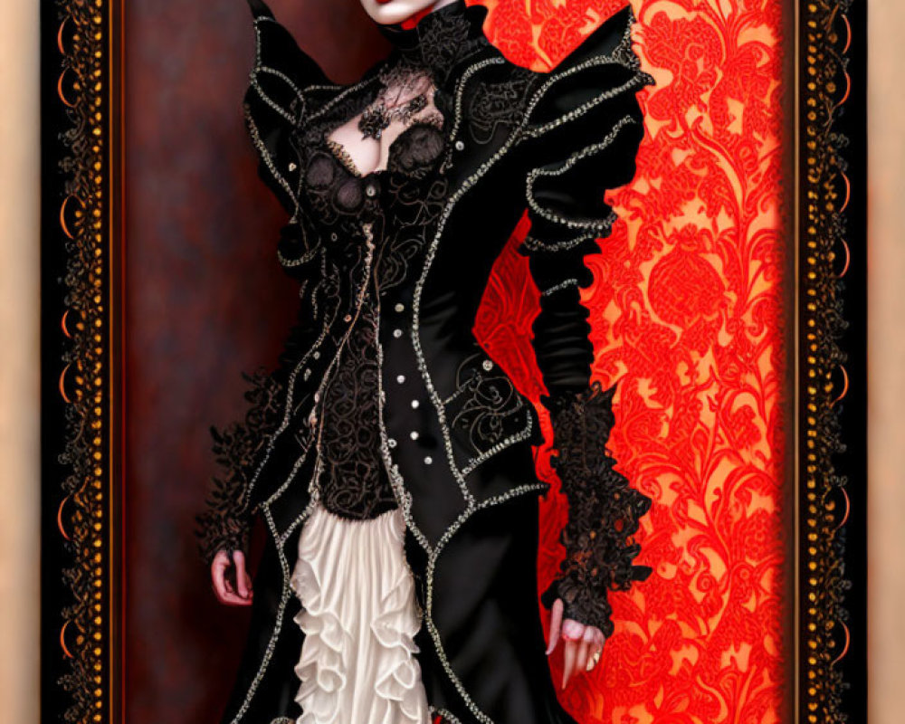 Elaborate Gothic outfit with black lace details on a woman against red backdrop
