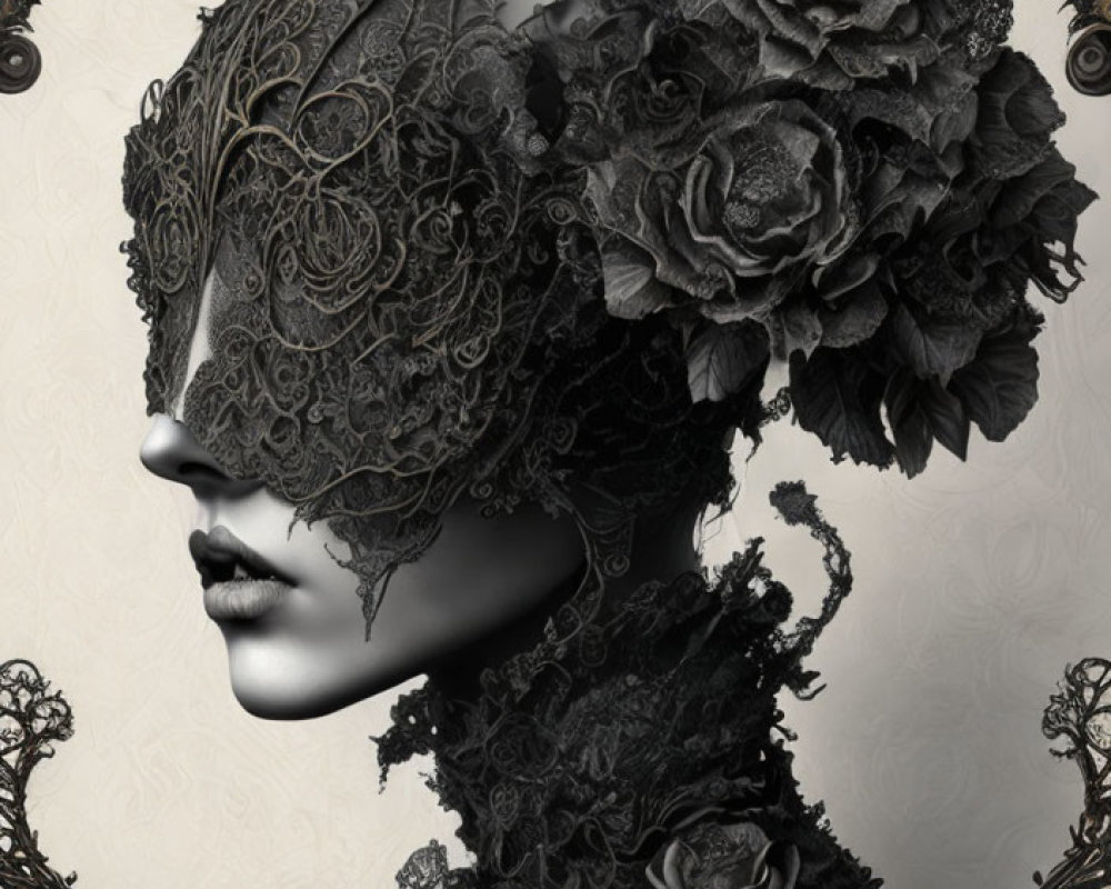 Monochromatic portrait with floral and lace motif