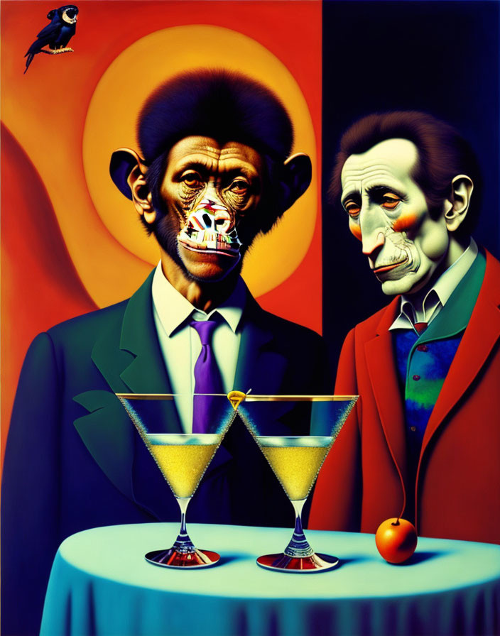 Surreal artwork featuring anthropomorphic monkey and man with cocktails at table
