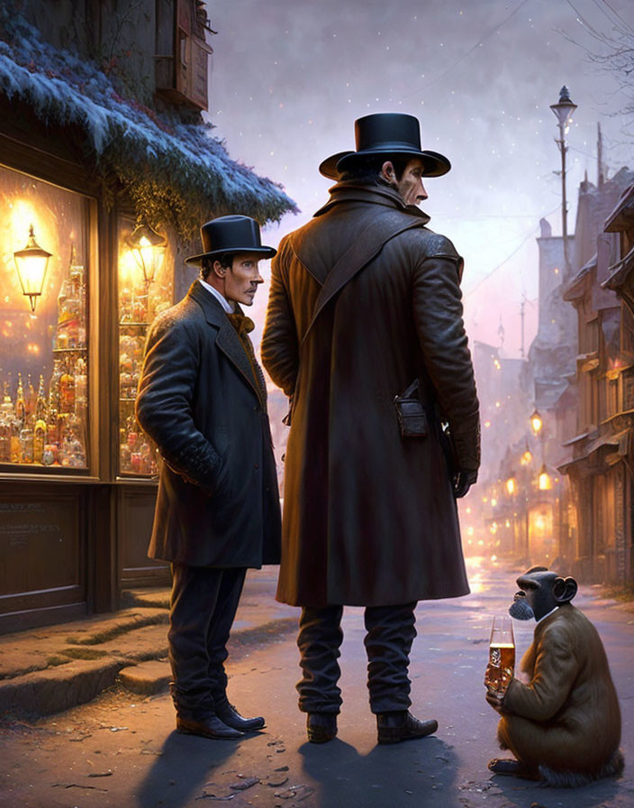 Victorian gentlemen in top hats observing city street at dusk with capuchin monkey.