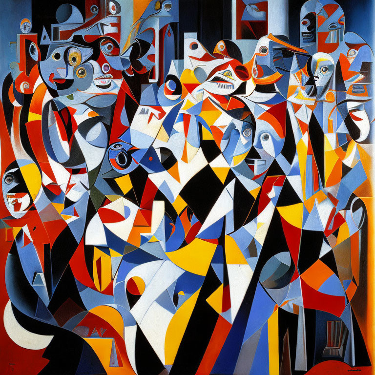 Vibrant Abstract Painting with Geometric Shapes and Distorted Figures