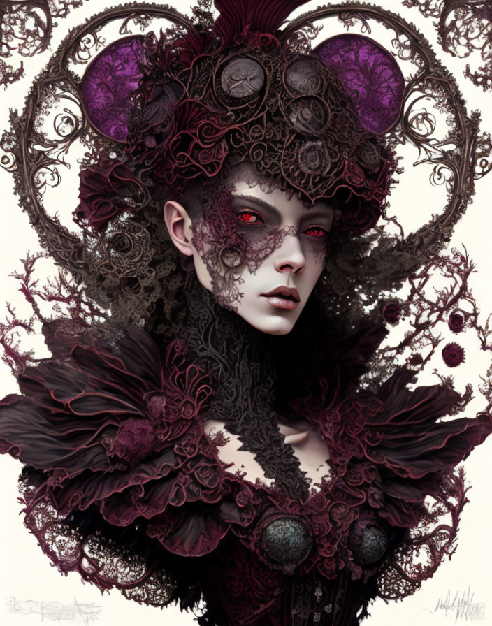 Gothic fantasy portrait of woman with pale skin and red eyes