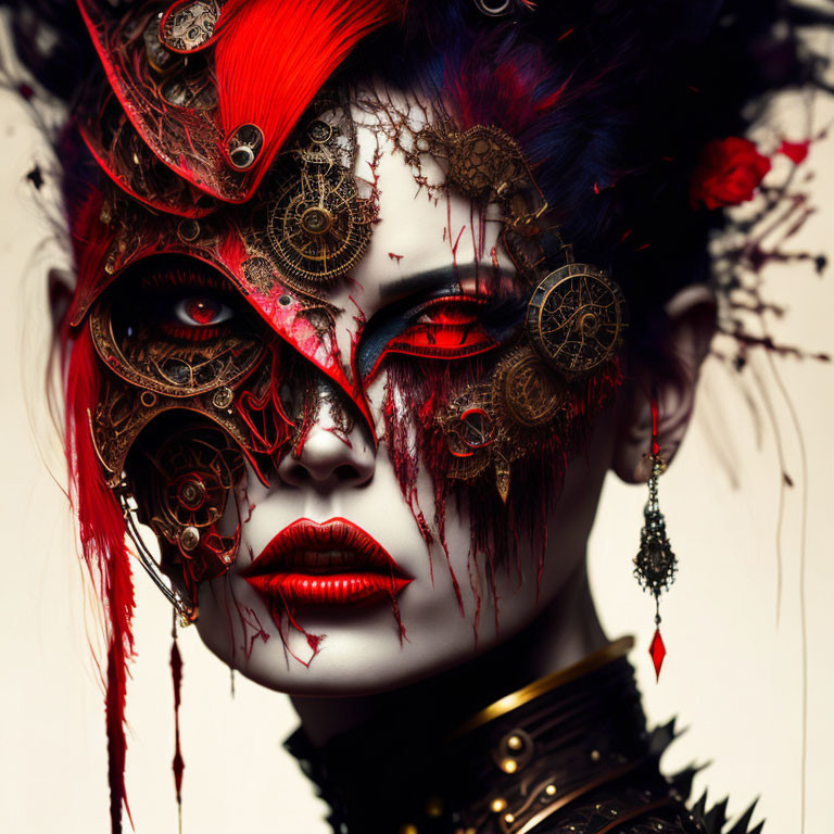 Vibrant red and black makeup with mechanical cogs and feathered headdress showcase avant-garde