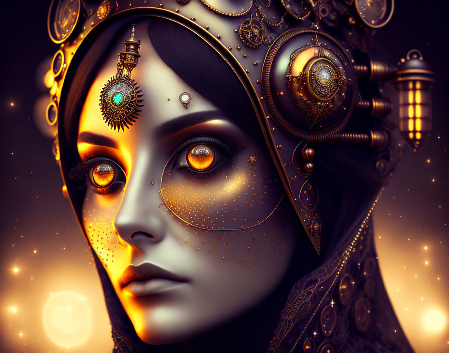 Steampunk-inspired woman digital artwork with metallic adornments.