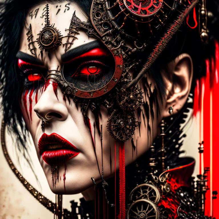 Gothic makeup with steampunk mask, red eyes, and lips