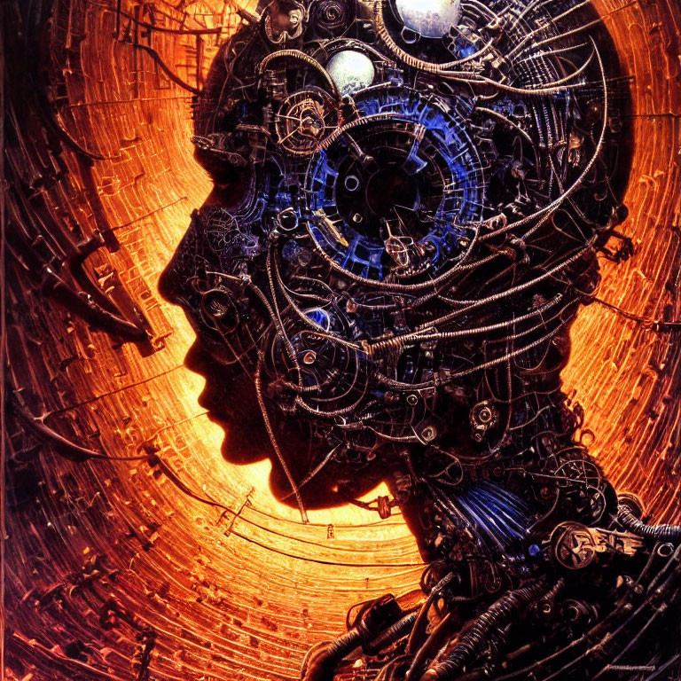 Human head with mechanical cybernetic components on golden backdrop
