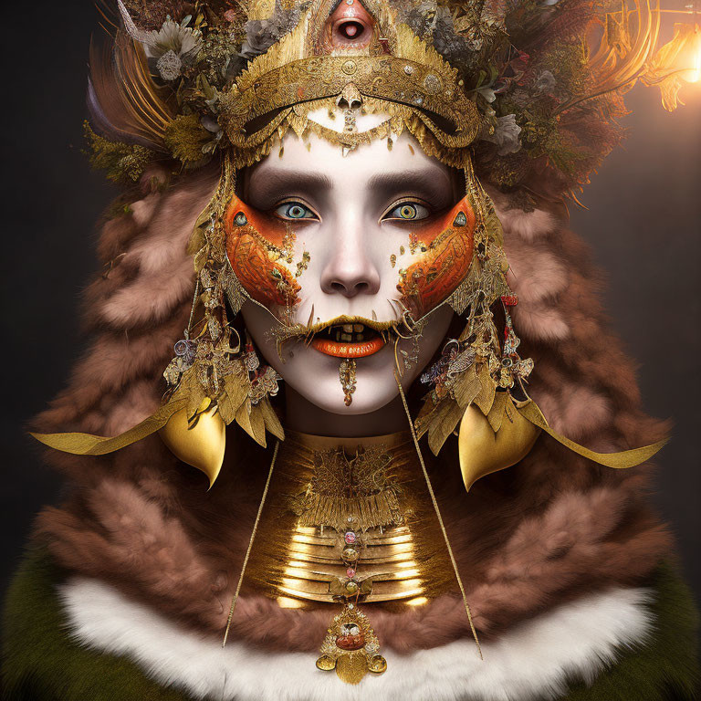 Intricate tribal portrait with golden headpiece and fur clothing