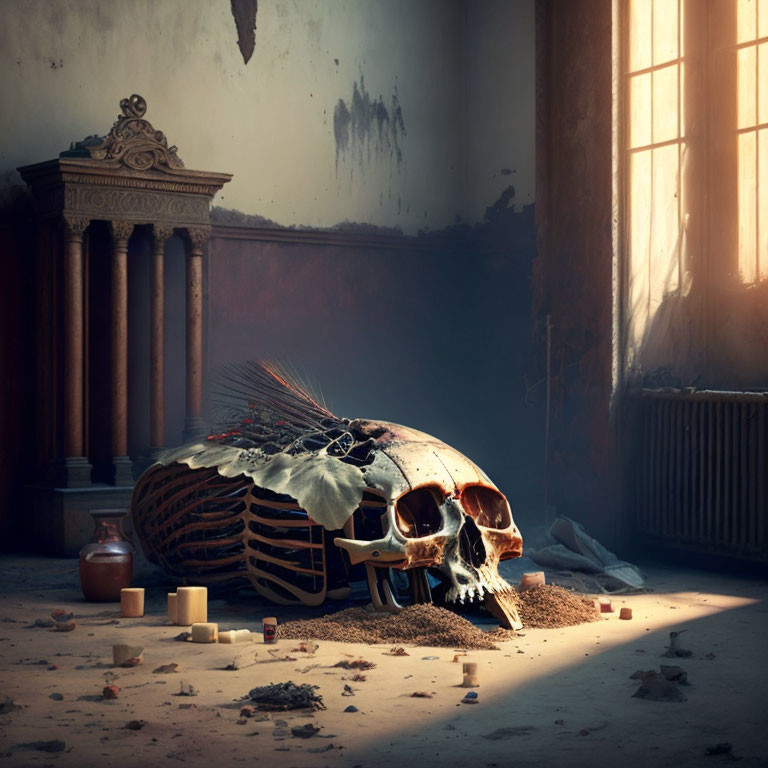Skull with feathered headdress among candles in abandoned room