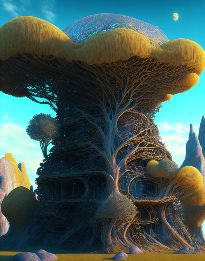 Fantastical digital art: Oversized mushroom tree against blue sky with moons