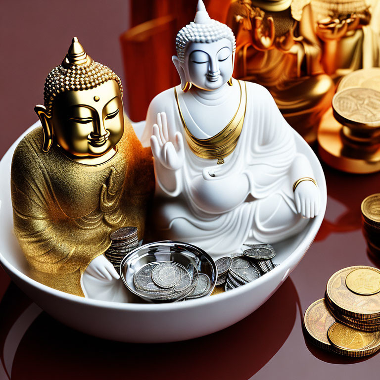 Gold and white Buddha statues with coins and ingots on reflective surface