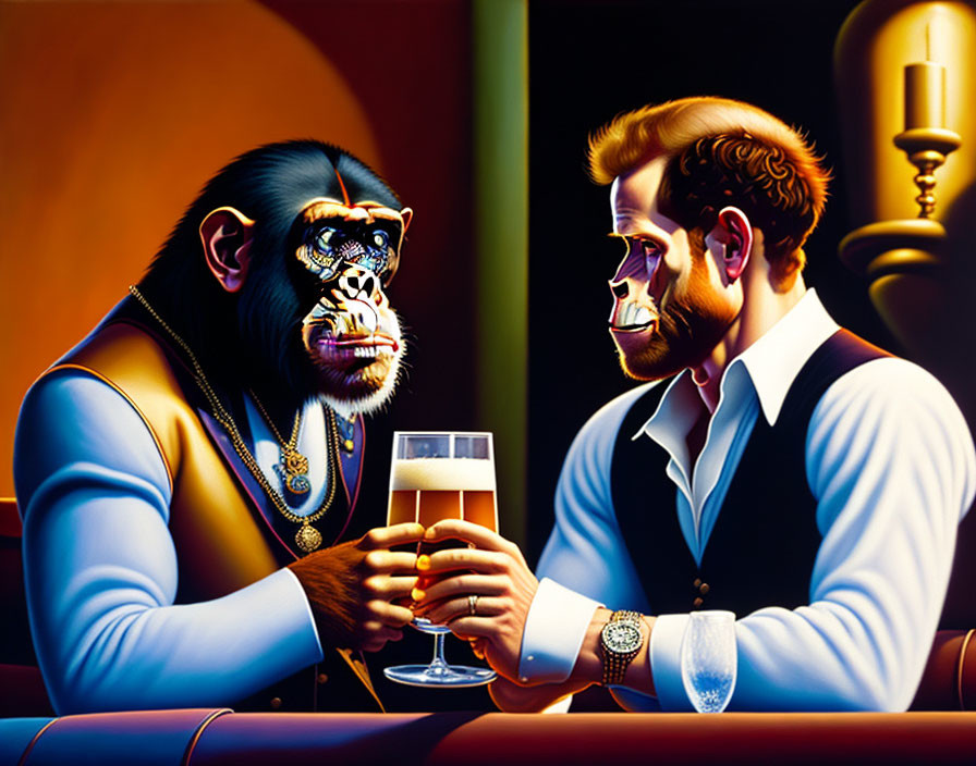 Chimpanzee and man in sophisticated attire at a bar conversing
