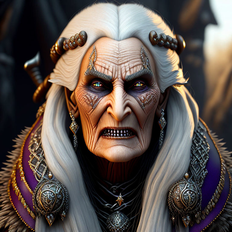 Elderly fantasy character with white hair, horned headdress, purple robes, ornate jewelry